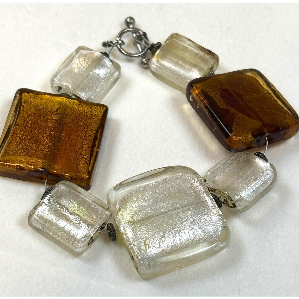 Acrylic Bracelet 7.25" Gray & Amber-Colored Textured Square Beads Toggle Clasp